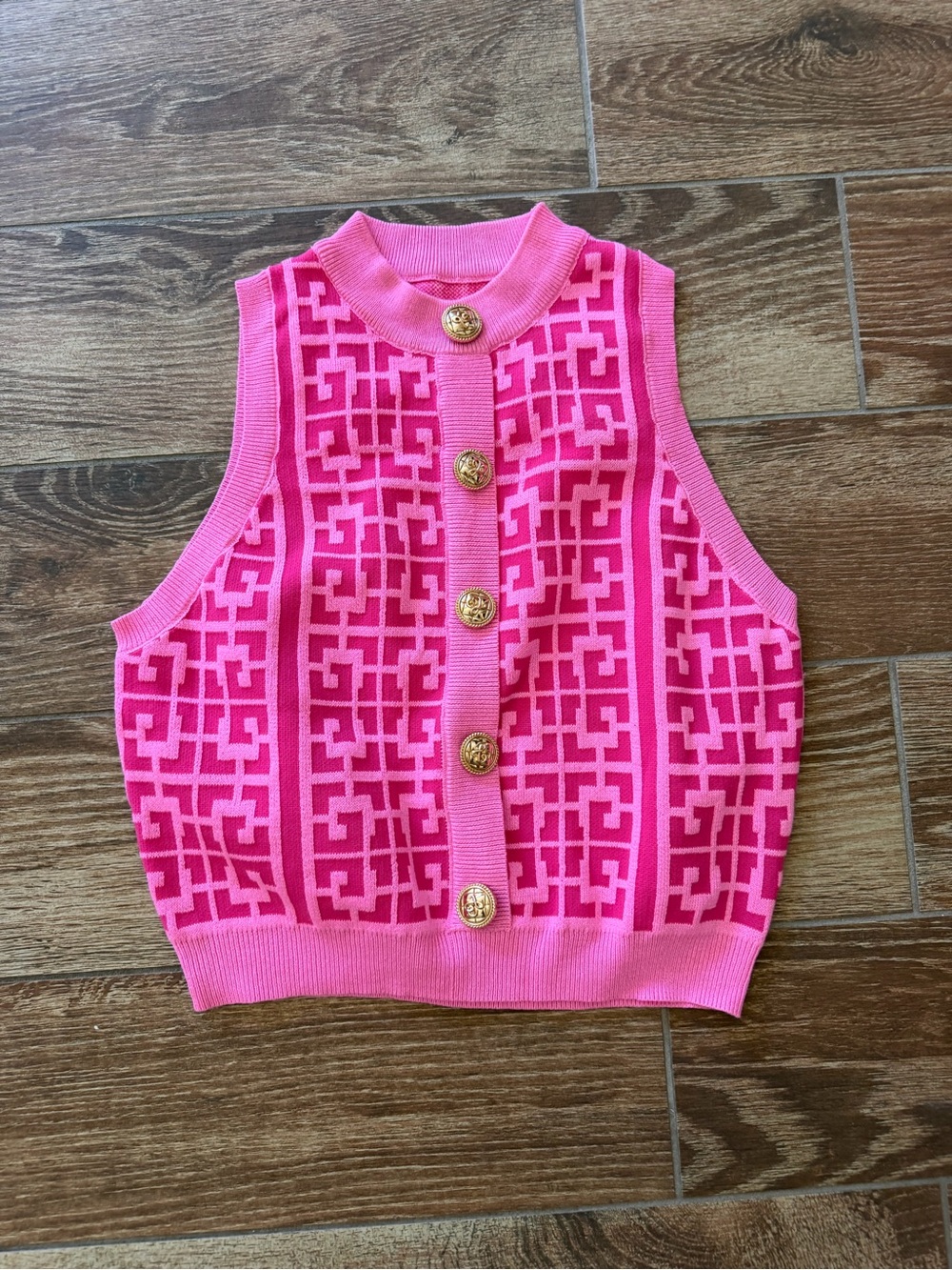 Pink Geometric Knit Sleeveless Cardigan Top